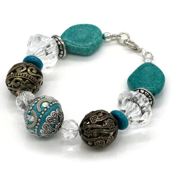 Bracelet Tibetan Style Beads Turquoise Crystals Antiqued Metal Beads - Picture 1 of 4